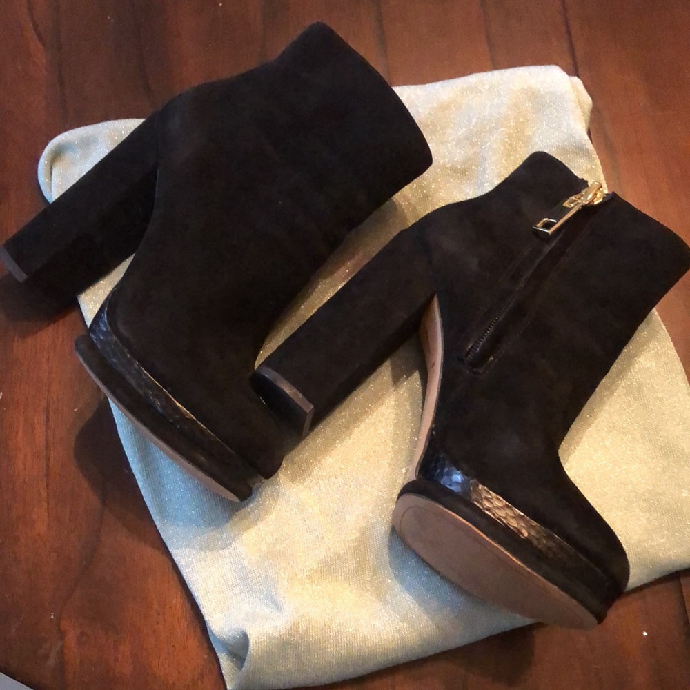 Black Micro Suede And Snake Skin Platform Ankle Boots with Side Zip